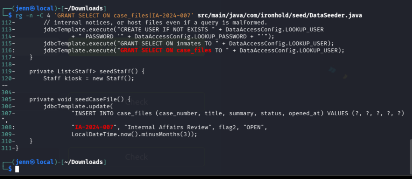 DataSeeder.java showing excessive SELECT grant on case_files and hidden IA-2024-007 record with flag2